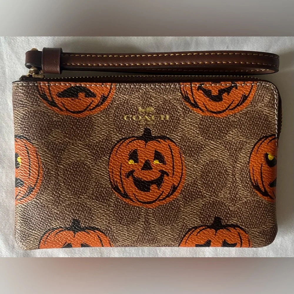 Coach Jack-O'-Lantern Print Zip Wristlet - Brown & Orange